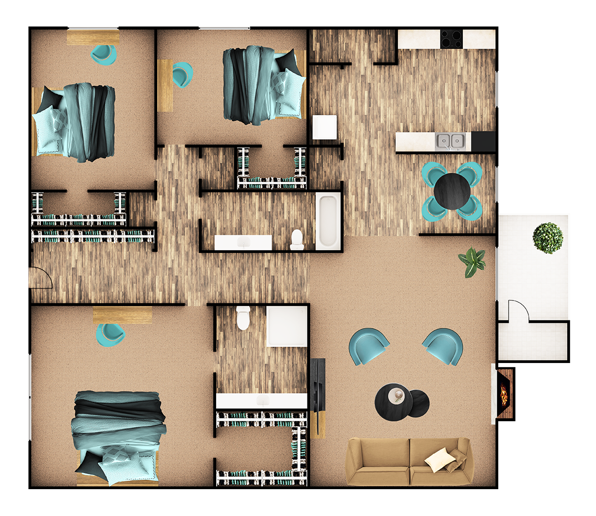 Floor plan for 3 beds, 2 baths, 1444 sqft